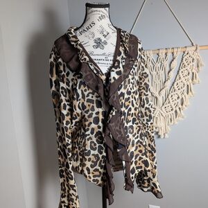 Vintage Y2k Leopard Print Blouse Large Flutter Sleeve Ruffle V Neck Sheer